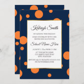 ネイビーブルーオレンジ水玉模様カレッジトランクパーティー 招待状 (正面/裏面)