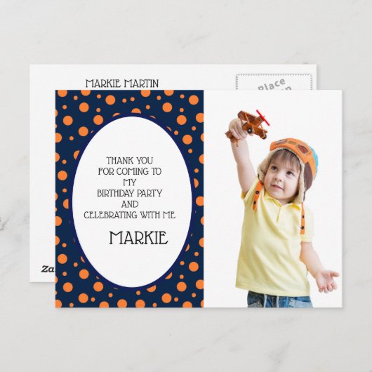 ネイビーブルーオレンジ水玉模様誕生日ありがとう ポストカード (正面/裏面)