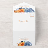 ネイビーブルーオレンジ秋フローラボホ結婚ズ オールインワン招待状 (外側)