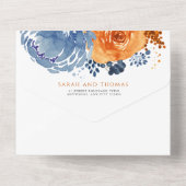 ネイビーブルーオレンジ秋フローラボホ結婚ズ オールインワン招待状 (裏面)