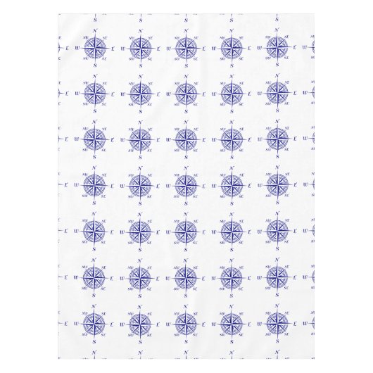 ネイビーブルーオンホワイトコースタルデコルコンパスバラ テーブルクロス (正面)