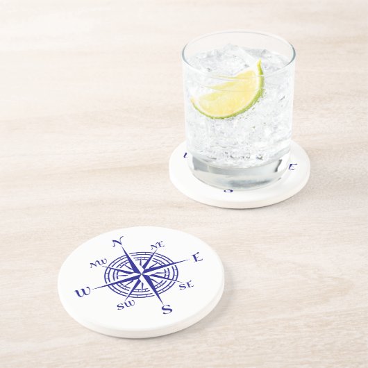 ネイビーブルーオンホワイトコースタルデコールコンパスバラ コースター (側面)
