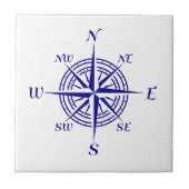 ネイビーブルーオンホワイトコースタルデコールコンパスバラ タイル (正面)