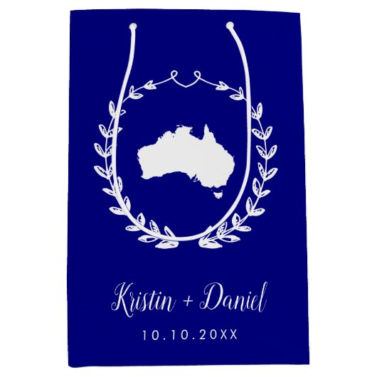 ネイビーブルーオーストラリア結婚地図の歓迎スワッグ ミディアムペーパーバッグ (正面)