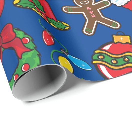 ネイビーブルーオーナメントクリスマスプレゼントのラップ ラッピングペーパー (ロールコーナー)