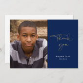 ネイビーブルーカジュアルスクリプト写真卒業 サンキューカード (正面/裏面)