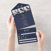 ネイビーブルーカジュアルミニマルイニシャル写真結婚の写真 オールインワン招待状 (貼ってはがせる)