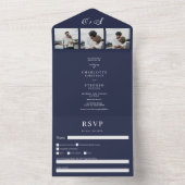 ネイビーブルーカジュアルミニマルイニシャル写真結婚の写真 オールインワン招待状 (内側)