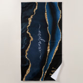 ネイビーブルーカスタム金ゴールドお名前レタービーチタオル ビーチタオル (正面)