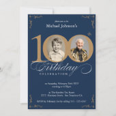 ネイビーブルーカスタム金ゴールド写真100th Birthday Party 招待状 (正面)