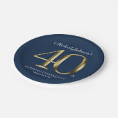 ネイビーブルーカスタム金ゴールド40歳パーティー ペーパープレート (アングル)