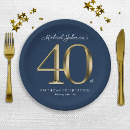 ネイビーブルーカスタム金ゴールド40歳パーティー ペーパープレート
