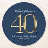 ネイビーブルーカスタム金ゴールド40歳パーティー ラウンドペーパーコースター (正面)