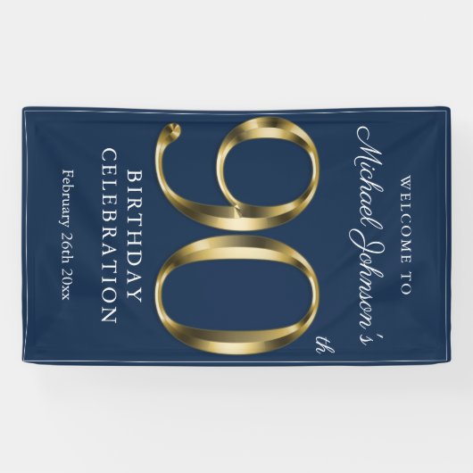 ネイビーブルーカスタム金ゴールド90thバースデーパーティーへようこそ 横断幕 (横)