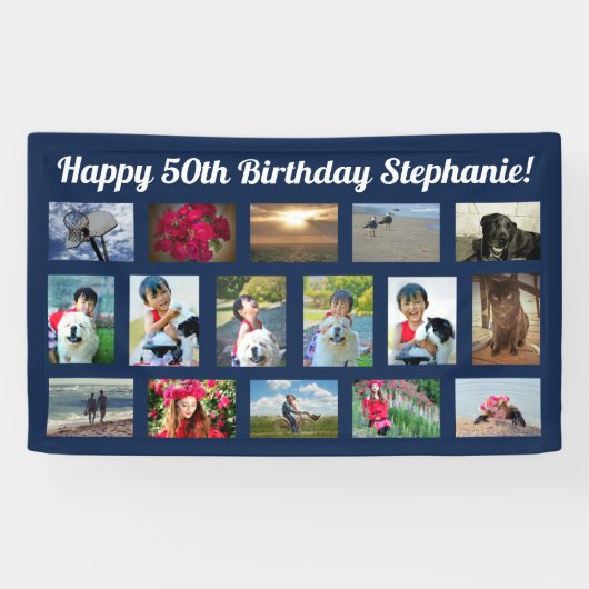 ネイビーブルーカスタム16フォトコラージュ誕生日パーティー 横断幕 (横)