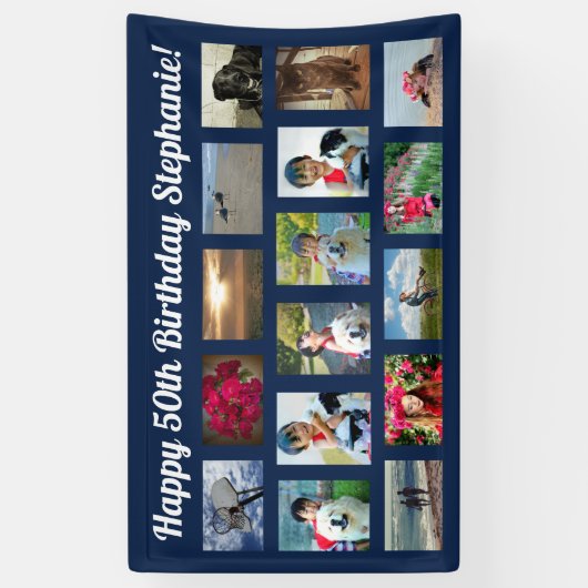 ネイビーブルーカスタム16フォトコラージュ誕生日パーティー 横断幕 (縦)