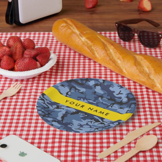 ネイビーブルーカモフラージュあなたの名前をパーソナライズ ペーパープレート (ピクニック)