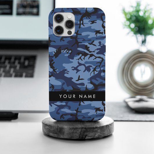 ネイビーブルーカモフラージュ 名前をパーソナライズ iPhoneケース