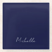 ネイビーブルーカラーモダンプレーン独自の名前書 ガラスコースター (正面)