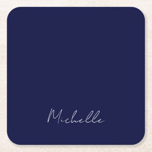 ネイビーブルーカラーモダンプレーン独自の名前書 スクエアペーパーコースター (正面)