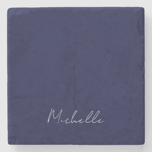 ネイビーブルーカラーモダンプレーン独自の名前書 ストーンコースター (正面)