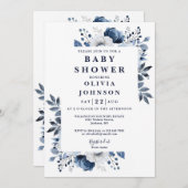 ネイビーブルーカントリーエレガントフローラベビーシャワー 招待状 (正面/裏面)