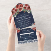 ネイビーブルーカントリーレースマルサラ結婚フローラ オールインワン招待状 (貼ってはがせる)