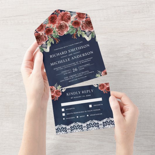 ネイビーブルーカントリーレースマルサラ結婚フローラ オールインワン招待状 (貼ってはがせる)
