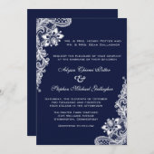 ネイビーブルーカードのホワイトレース 招待状 (正面/裏面)