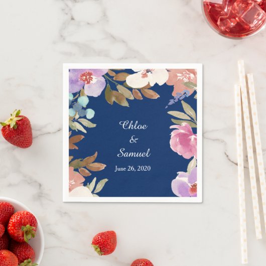 ネイビーブルーガーデン結婚フローラ スタンダードカクテルナプキン (インサイチュ)