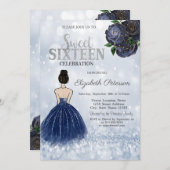 ネイビーブルーガールドレスグリッター《写真》ぼけ味スウィート16 招待状 (正面/裏面)
