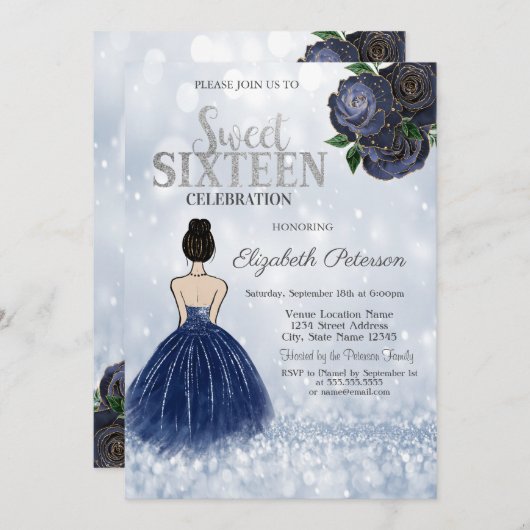 ネイビーブルーガールドレスグリッター《写真》ぼけ味スウィート16 招待状 (正面/裏面)