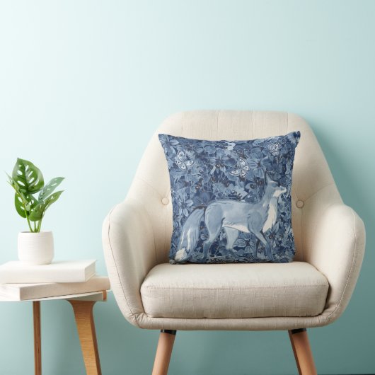 ネイビーブルーキツネ水彩フローラ蝶ファンタジー クッション (椅子)