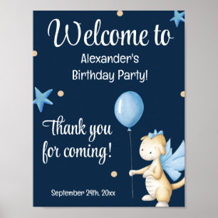 ネイビーブルーキュートドラゴン&バルーン誕生日へようこそ ポスター