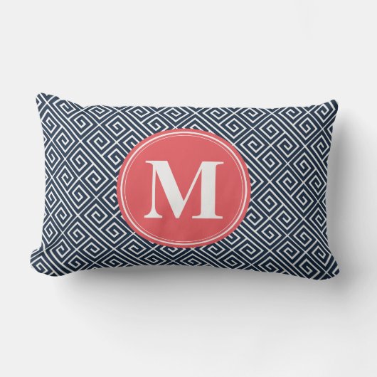 ネイビーブルーギリシャ鍵パターンスイカモノグラム ランバークッション (正面)