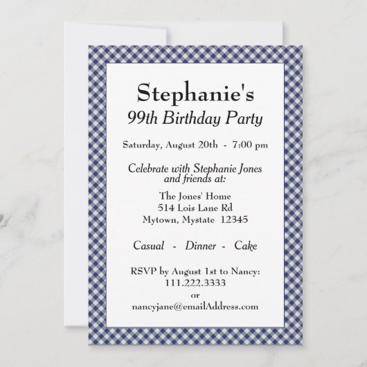 ネイビーブルーギンガムがパターンをチェックしてすべての行事 招待状 (正面)