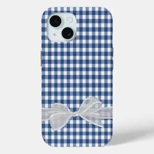 ネイビーブルーギンガムに白い弓 iPhone 15ケース