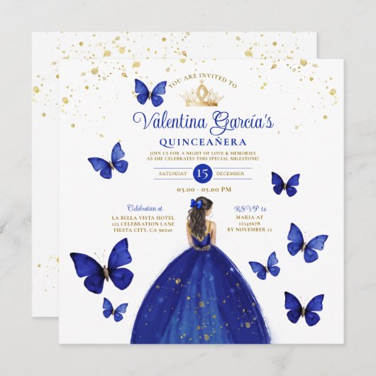 ネイビーブルークインセアニラ15アノスバタフライ誕生日 招待状 (正面/裏面)