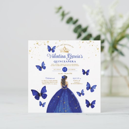 ネイビーブルークインセアニラ15アノスバタフライ誕生日 招待状 (スタンド正面)