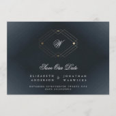 ネイビーブルークラシックデコ金ゴールドモノグラム写真 セーブザデート (正面)