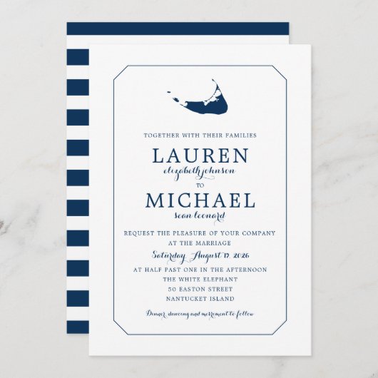 ネイビーブルークラシックナンタケットアイランドマ結婚ップ 招待状 (正面/裏面)
