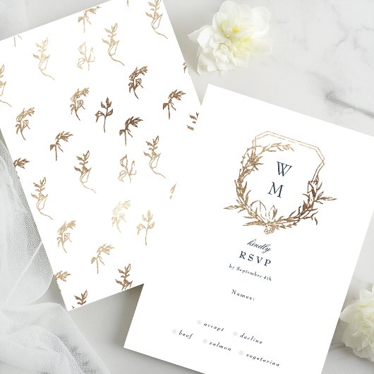 ネイビーブルークラシックホワイト金ゴールド結婚クレスト 出欠カード