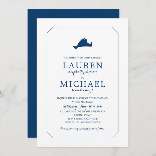 ネイビーブルークラシックマルタスヴィンヤードの地結婚図 招待状 (正面/裏面)