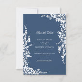 ネイビーブルークラシックヴィンテージフローラ庭園の結婚式 セーブザデート (正面)