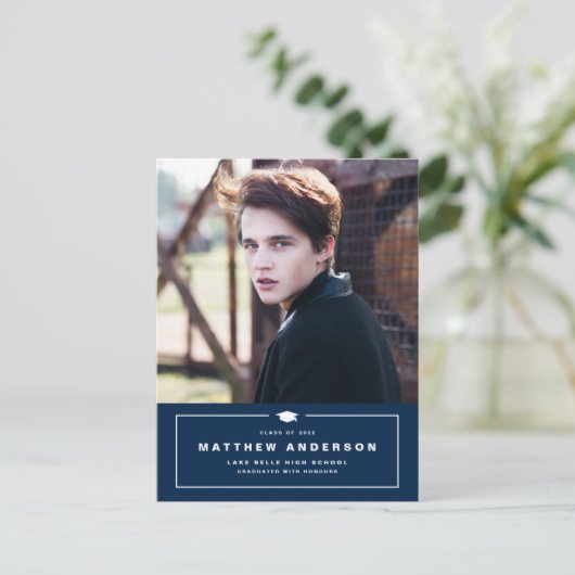 ネイビーブルークラシック卒業キャップ写真卒業 案内ポストカード (スタンド正面)