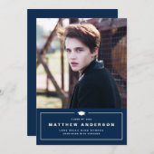 ネイビーブルークラシック卒業キャップ写真卒業 案内状 (正面/裏面)