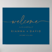 ネイビーブルークラシック金ゴールド結婚のウェルカムサイン ポスター (正面)
