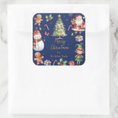 ネイビーブルークリスマスサンタ小妖精や小人雪だるまジンジャーブレッド スクエアシール (バッグ)