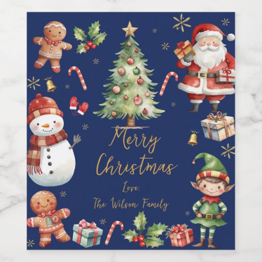 ネイビーブルークリスマスサンタ小妖精や小人雪だるまジンジャーブレッド ワインラベル (シングルラベル)