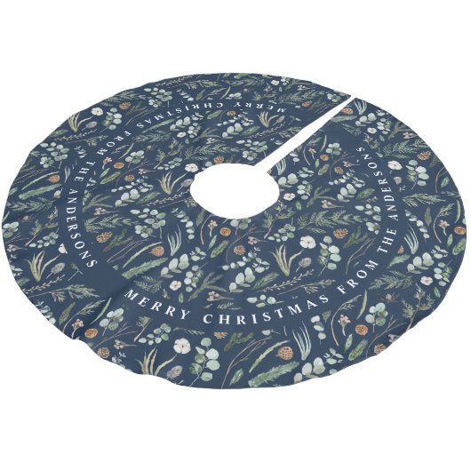 ネイビーブルークリスマスモダンボミニマルタニカルギフト ブラッシュドポリエステルツリースカート (アングル)